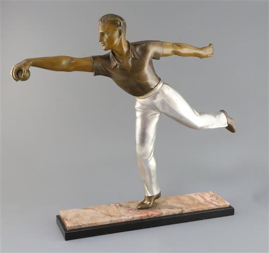 A French Art Deco patinated spelter figure of a boules player, height 20.5in.